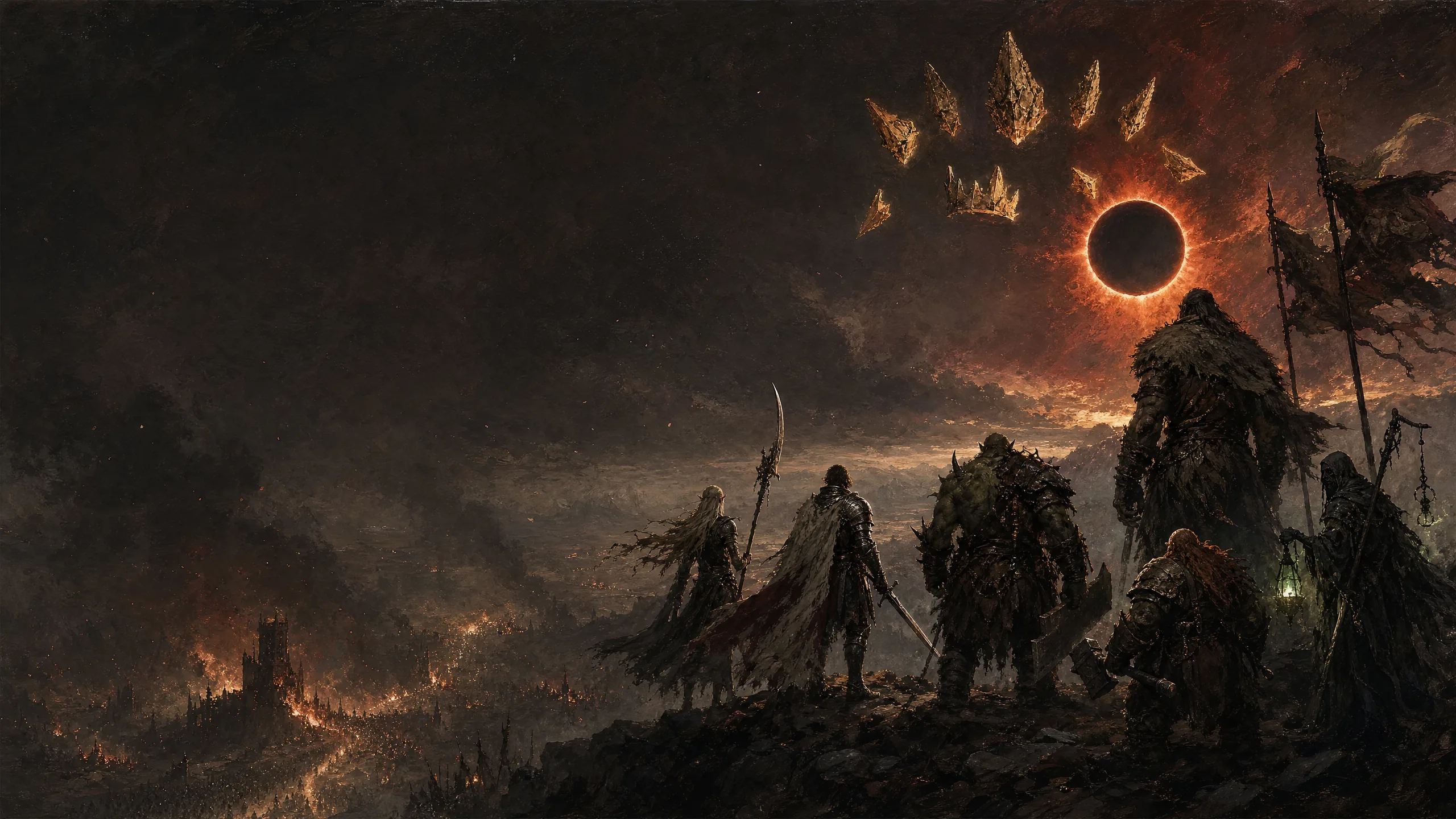Six warlords stand on a ridge under a burning eclipse while the Sun-King's crown floats shattered in the sky above a plain of burning keeps.
